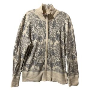 The North Face Womens XL Full Zip Sweater Jacket Wool Blend Damask Cream Grey